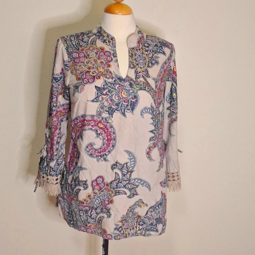 Charter Club Luxury linen/cotton blend floral paisley print tunic  SZ XS